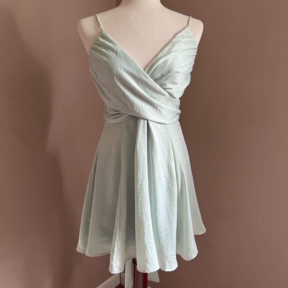 Lucy in the Sky Mint Forest Fairy Satin Wrap Mini Dress Tie Waist Romantic Sz M
